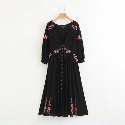 Embroidery Floral V-neck Split Ends Sexy Maxi