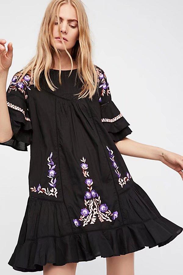 Embroidery Floral O-neck Summer Dress