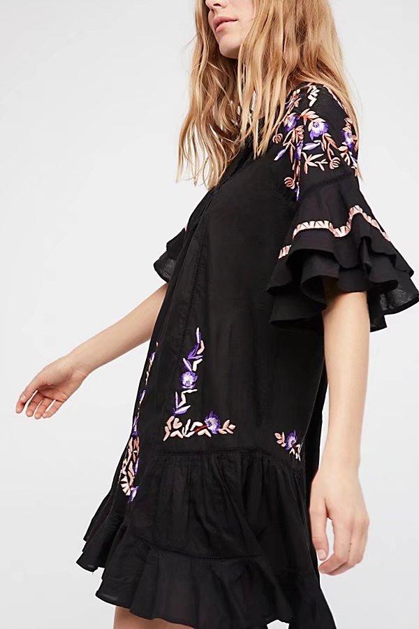 Embroidery Floral O-neck Summer Dress