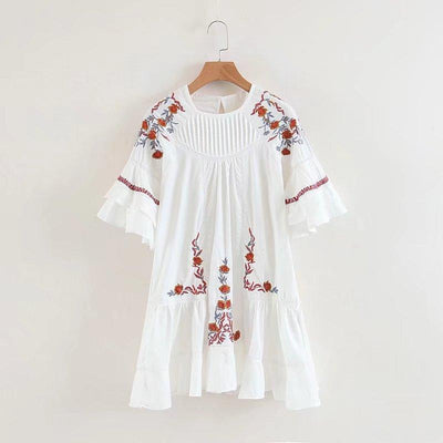 Embroidery Floral O-neck Summer Dress
