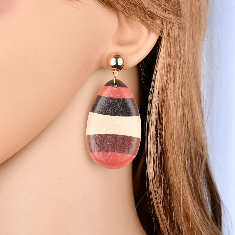 Water Drop And Geometric Wood Long Earrings