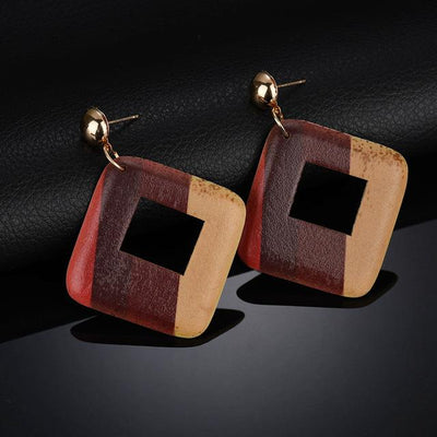Water Drop And Geometric Wood Long Earrings