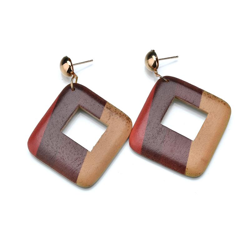 Water Drop And Geometric Wood Long Earrings